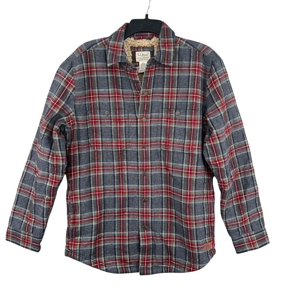 LL Bean Sherpa Line Scotch Plaid Grey Flannel Shirt Jacket S Slightly Fitted NEW